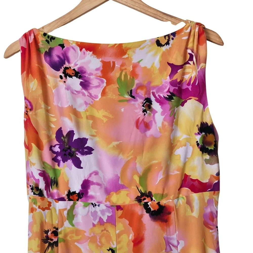Ralph Lauren Floral Ruched Sheath‎ Dress Plus Size 16 V Neck Bold Tropical Print